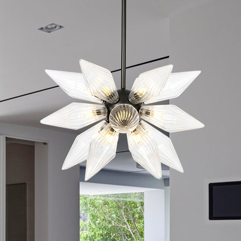 Starburst Design Pendant Lighting Industrial Amber/Clear Ribbed Glass 9/12/15 Heads Bedroom Hanging Chandelier Lamp 12 Clear Clearhalo 'Ceiling Lights' 'Chandeliers' 'Clear' 'Close To Ceiling Lights' 'Glass shade' 'Glass' 'Industrial Chandeliers' 'Industrial' 'Middle Century Chandeliers' 'Modern' 'Tiffany' 'Traditional Chandeliers' Lighting' 283202