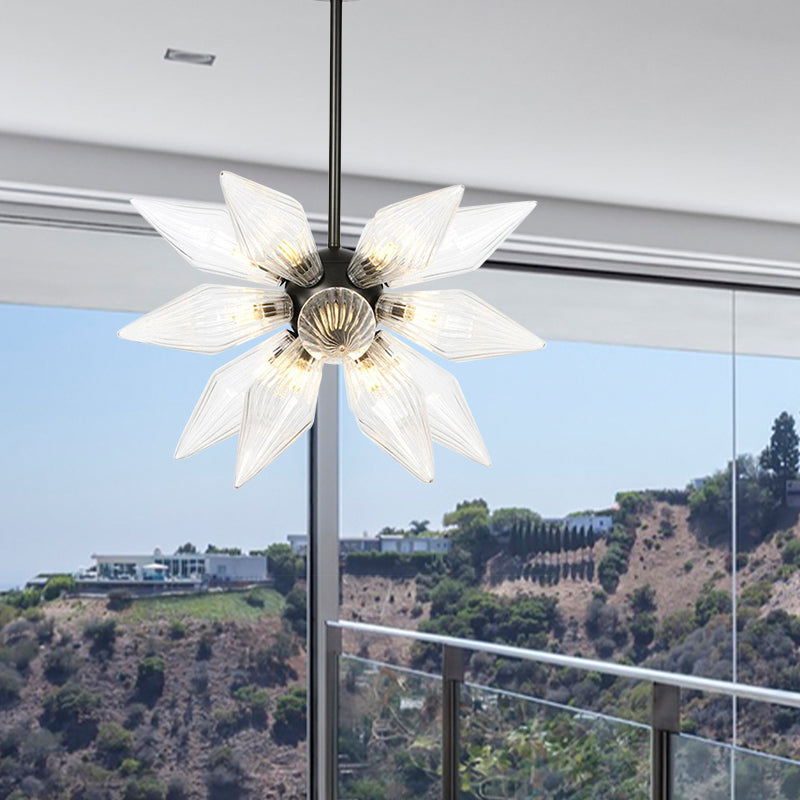 Starburst Design Pendant Lighting Industrial Amber/Clear Ribbed Glass 9/12/15 Heads Bedroom Hanging Chandelier Lamp Clearhalo 'Ceiling Lights' 'Chandeliers' 'Clear' 'Close To Ceiling Lights' 'Glass shade' 'Glass' 'Industrial Chandeliers' 'Industrial' 'Middle Century Chandeliers' 'Modern' 'Tiffany' 'Traditional Chandeliers' Lighting' 283203