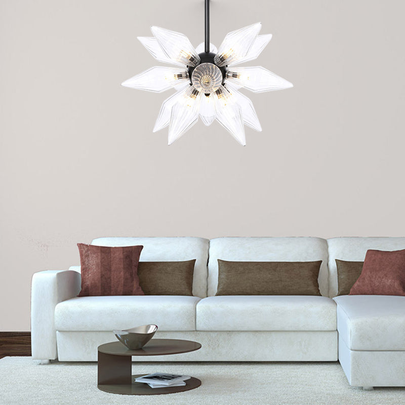 Starburst Design Pendant Lighting Industrial Amber/Clear Ribbed Glass 9/12/15 Heads Bedroom Hanging Chandelier Lamp Clearhalo 'Ceiling Lights' 'Chandeliers' 'Clear' 'Close To Ceiling Lights' 'Glass shade' 'Glass' 'Industrial Chandeliers' 'Industrial' 'Middle Century Chandeliers' 'Modern' 'Tiffany' 'Traditional Chandeliers' Lighting' 283215