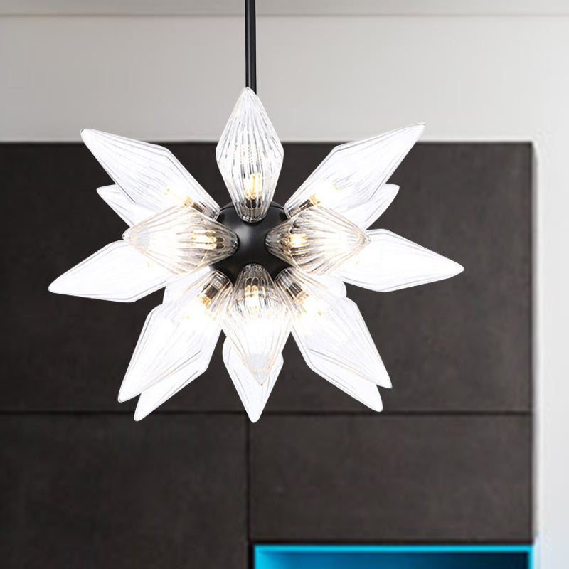 Starburst Design Pendant Lighting Industrial Amber/Clear Ribbed Glass 9/12/15 Heads Bedroom Hanging Chandelier Lamp 18 Clear Clearhalo 'Ceiling Lights' 'Chandeliers' 'Clear' 'Close To Ceiling Lights' 'Glass shade' 'Glass' 'Industrial Chandeliers' 'Industrial' 'Middle Century Chandeliers' 'Modern' 'Tiffany' 'Traditional Chandeliers' Lighting' 283218