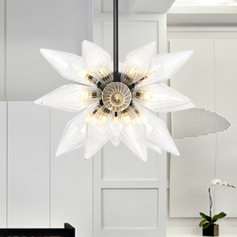 Starburst Design Pendant Lighting Industrial Amber/Clear Ribbed Glass 9/12/15 Heads Bedroom Hanging Chandelier Lamp 21 Clear Clearhalo 'Ceiling Lights' 'Chandeliers' 'Clear' 'Close To Ceiling Lights' 'Glass shade' 'Glass' 'Industrial Chandeliers' 'Industrial' 'Middle Century Chandeliers' 'Modern' 'Tiffany' 'Traditional Chandeliers' Lighting' 283230