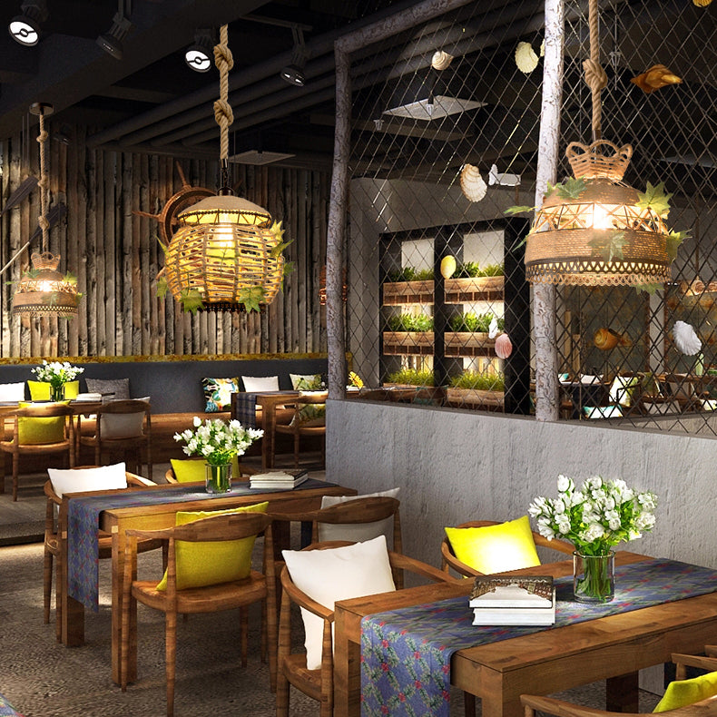 Barrel/Dome Restaurant Hanging Light Fixture Vintage Style Rope 1 Head Beige Suspension Lamp Clearhalo 'Ceiling Lights' 'Industrial Pendants' 'Industrial' 'Middle Century Pendants' 'Pendant Lights' 'Pendants' 'Tiffany' Lighting' 28328