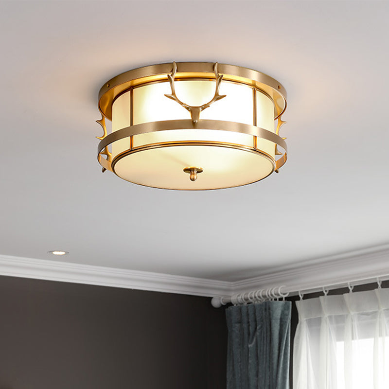 Brass Antler Element Ceiling Lamp Vintage Metallic 4-Light Bedroom Flush Mount Light with Opal Glass Shade Brass Clearhalo 'Ceiling Lights' 'Close To Ceiling Lights' 'Close to ceiling' 'Flush mount' Lighting' 283295