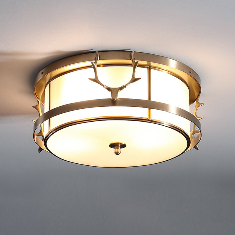 Brass Antler Element Ceiling Lamp Vintage Metallic 4-Light Bedroom Flush Mount Light with Opal Glass Shade Clearhalo 'Ceiling Lights' 'Close To Ceiling Lights' 'Close to ceiling' 'Flush mount' Lighting' 283296