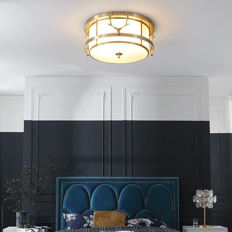 Brass Antler Element Ceiling Lamp Vintage Metallic 4-Light Bedroom Flush Mount Light with Opal Glass Shade Clearhalo 'Ceiling Lights' 'Close To Ceiling Lights' 'Close to ceiling' 'Flush mount' Lighting' 283297