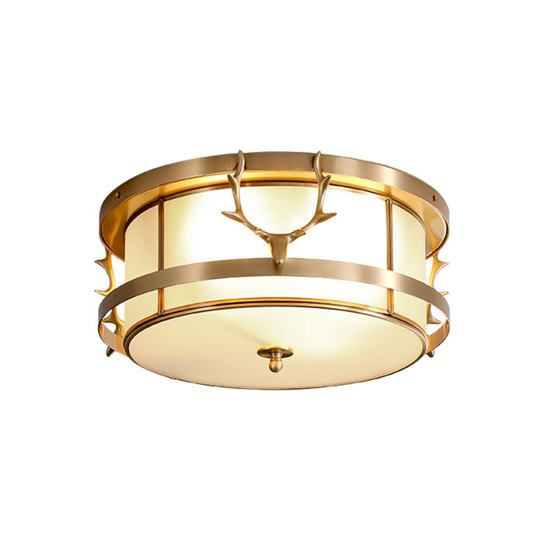 Brass Antler Element Ceiling Lamp Vintage Metallic 4-Light Bedroom Flush Mount Light with Opal Glass Shade Clearhalo 'Ceiling Lights' 'Close To Ceiling Lights' 'Close to ceiling' 'Flush mount' Lighting' 283298