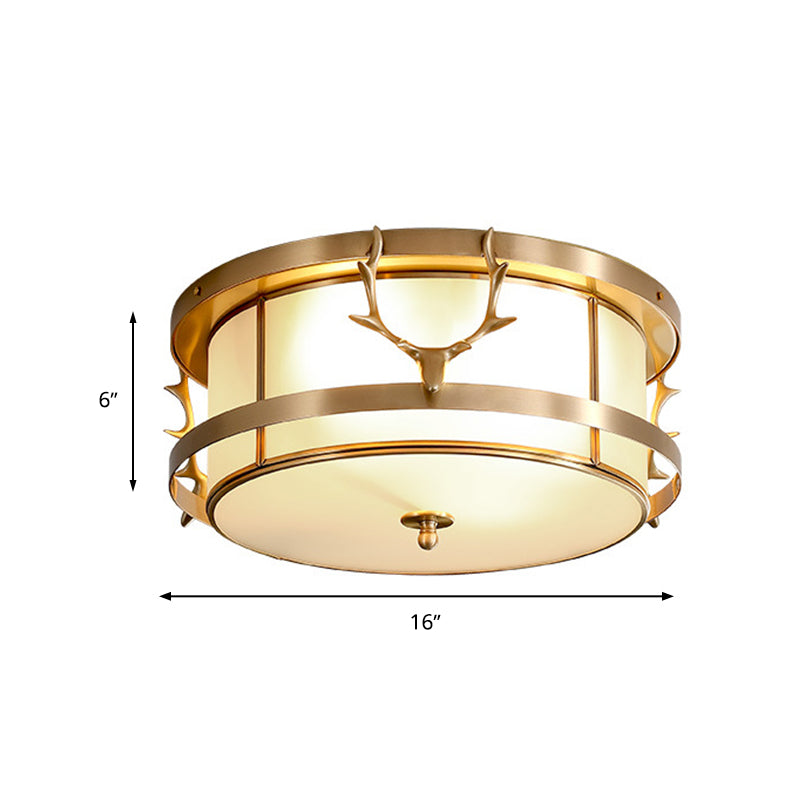 Brass Antler Element Ceiling Lamp Vintage Metallic 4-Light Bedroom Flush Mount Light with Opal Glass Shade Clearhalo 'Ceiling Lights' 'Close To Ceiling Lights' 'Close to ceiling' 'Flush mount' Lighting' 283299