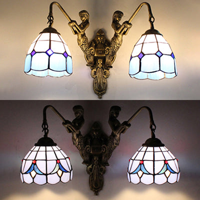 Dome Wall Mounted Light Tiffany Blue Glass 2 Heads Antique Brass Sconce Light with Baroque/Square Pattern Clearhalo 'Industrial' 'Middle century wall lights' 'Tiffany wall lights' 'Tiffany' 'Wall Lamps & Sconces' 'Wall Lights' Lighting' 28331