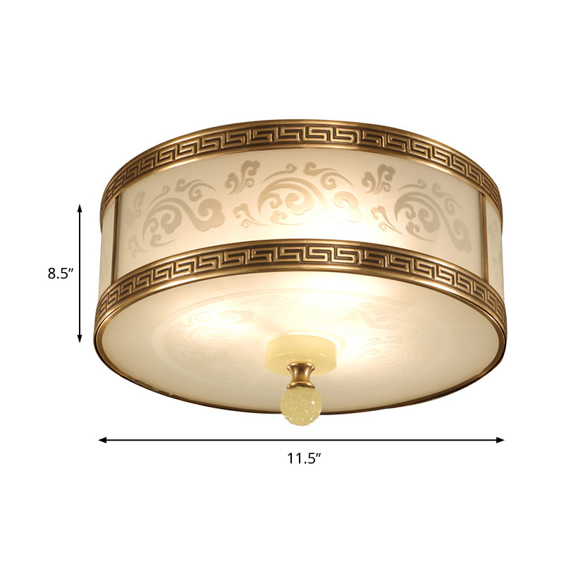 2/3/4 Light Frosted Glass Flush Light Chinese Style Brass Finish Drum Shape Ceiling Mount Light, 11.5"/13"/17" Dia Clearhalo 'Ceiling Lights' 'Close To Ceiling Lights' 'Close to ceiling' 'Flush mount' Lighting' 283326