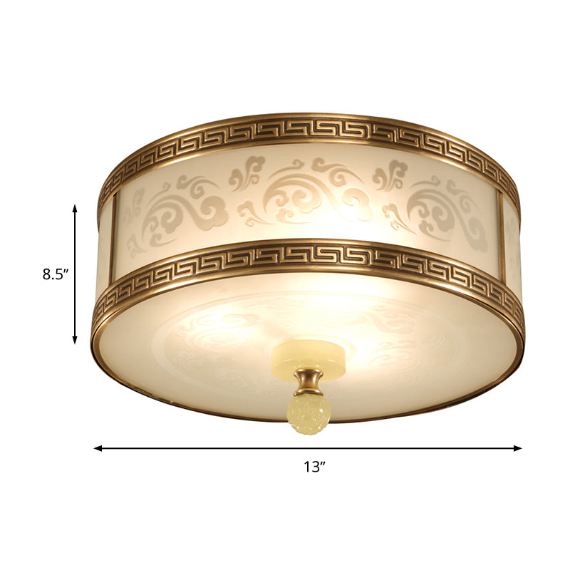 2/3/4 Light Frosted Glass Flush Light Chinese Style Brass Finish Drum Shape Ceiling Mount Light, 11.5"/13"/17" Dia Clearhalo 'Ceiling Lights' 'Close To Ceiling Lights' 'Close to ceiling' 'Flush mount' Lighting' 283327