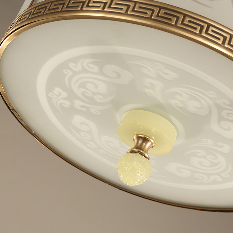2/3/4 Light Frosted Glass Flush Light Chinese Style Brass Finish Drum Shape Ceiling Mount Light, 11.5"/13"/17" Dia Clearhalo 'Ceiling Lights' 'Close To Ceiling Lights' 'Close to ceiling' 'Flush mount' Lighting' 283329