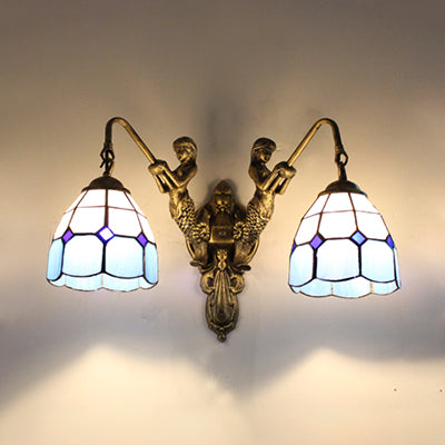 Dome Wall Mounted Light Tiffany Blue Glass 2 Heads Antique Brass Sconce Light with Baroque/Square Pattern Blue Square Clearhalo 'Industrial' 'Middle century wall lights' 'Tiffany wall lights' 'Tiffany' 'Wall Lamps & Sconces' 'Wall Lights' Lighting' 28332