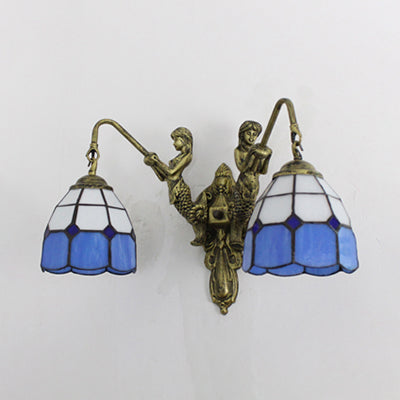 Dome Wall Mounted Light Tiffany Blue Glass 2 Heads Antique Brass Sconce Light with Baroque/Square Pattern Clearhalo 'Industrial' 'Middle century wall lights' 'Tiffany wall lights' 'Tiffany' 'Wall Lamps & Sconces' 'Wall Lights' Lighting' 28333