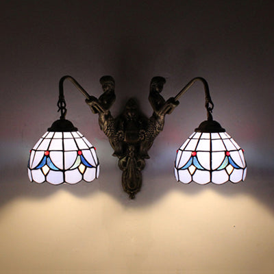 Dome Wall Mounted Light Tiffany Blue Glass 2 Heads Antique Brass Sconce Light with Baroque/Square Pattern Blue Baroque Clearhalo 'Industrial' 'Middle century wall lights' 'Tiffany wall lights' 'Tiffany' 'Wall Lamps & Sconces' 'Wall Lights' Lighting' 28334