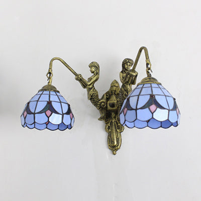 Dome Wall Mounted Light Tiffany Blue Glass 2 Heads Antique Brass Sconce Light with Baroque/Square Pattern Clearhalo 'Industrial' 'Middle century wall lights' 'Tiffany wall lights' 'Tiffany' 'Wall Lamps & Sconces' 'Wall Lights' Lighting' 28335