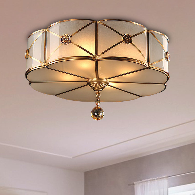14"/18" W 3/4-Light Floral Flush Lighting Retro Style Brass Finish Opal White Glass Ceiling Lamp with Crystal Drop Clearhalo 'Ceiling Lights' 'Close To Ceiling Lights' 'Close to ceiling' 'Flush mount' Lighting' 283363