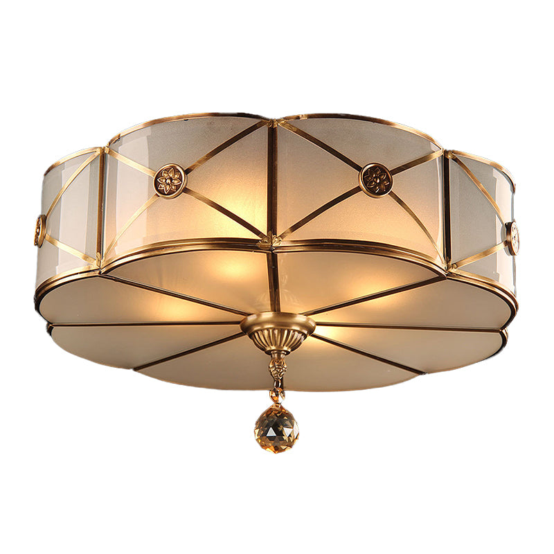14"/18" W 3/4-Light Floral Flush Lighting Retro Style Brass Finish Opal White Glass Ceiling Lamp with Crystal Drop Clearhalo 'Ceiling Lights' 'Close To Ceiling Lights' 'Close to ceiling' 'Flush mount' Lighting' 283365