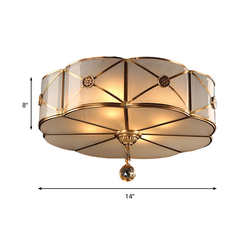 14"/18" W 3/4-Light Floral Flush Lighting Retro Style Brass Finish Opal White Glass Ceiling Lamp with Crystal Drop Clearhalo 'Ceiling Lights' 'Close To Ceiling Lights' 'Close to ceiling' 'Flush mount' Lighting' 283366