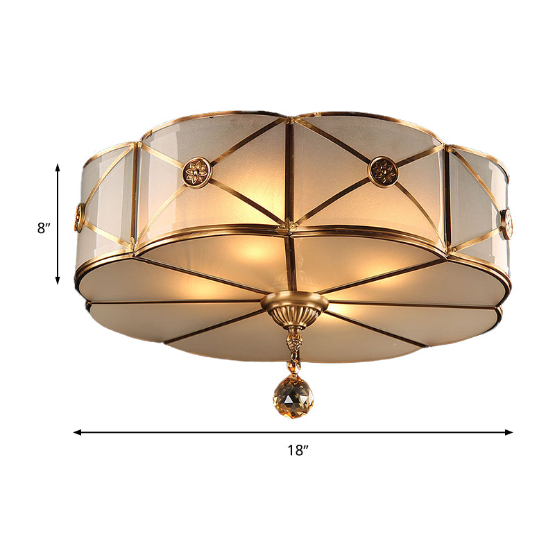 14"/18" W 3/4-Light Floral Flush Lighting Retro Style Brass Finish Opal White Glass Ceiling Lamp with Crystal Drop Clearhalo 'Ceiling Lights' 'Close To Ceiling Lights' 'Close to ceiling' 'Flush mount' Lighting' 283367