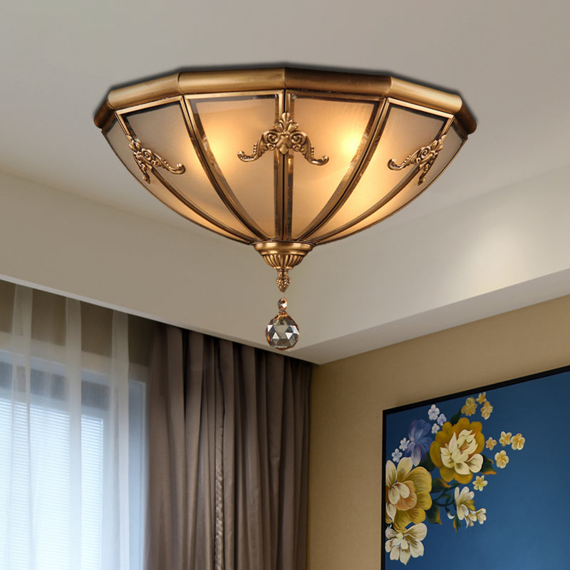 14"/18" Wide 4 Lights Living Room Flush Light Fixture Traditional Brass Flush Mount Lighting with Bowl Frosted Glass Shade Brass Clearhalo 'Ceiling Lights' 'Close To Ceiling Lights' 'Close to ceiling' 'Flush mount' Lighting' 283369