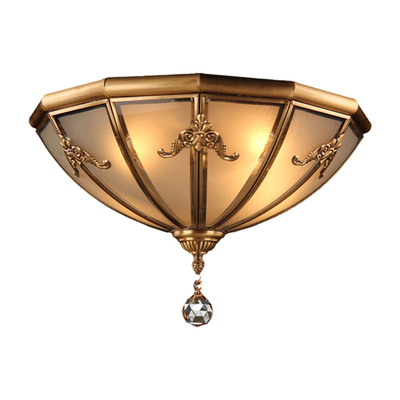 14"/18" Wide 4 Lights Living Room Flush Light Fixture Traditional Brass Flush Mount Lighting with Bowl Frosted Glass Shade Clearhalo 'Ceiling Lights' 'Close To Ceiling Lights' 'Close to ceiling' 'Flush mount' Lighting' 283372