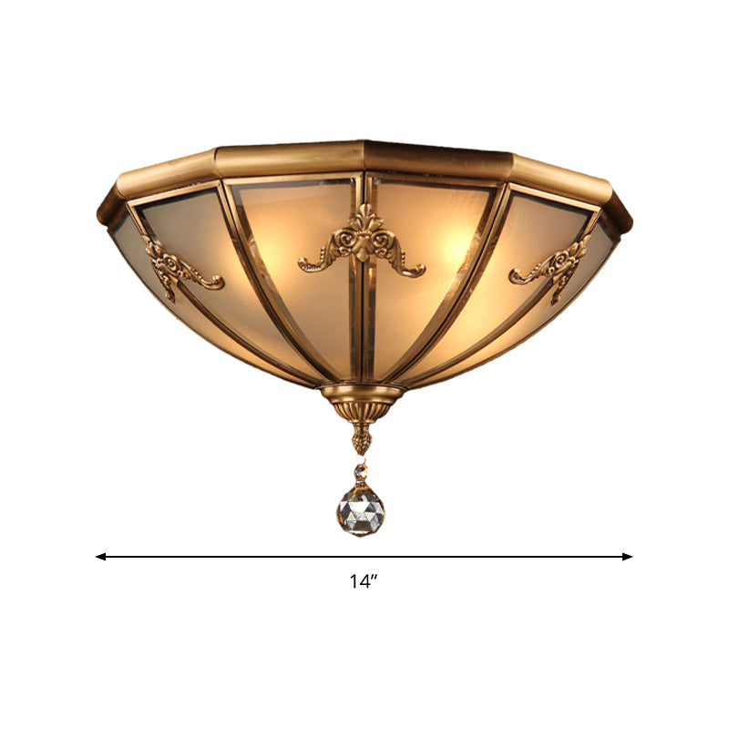 14"/18" Wide 4 Lights Living Room Flush Light Fixture Traditional Brass Flush Mount Lighting with Bowl Frosted Glass Shade Clearhalo 'Ceiling Lights' 'Close To Ceiling Lights' 'Close to ceiling' 'Flush mount' Lighting' 283373