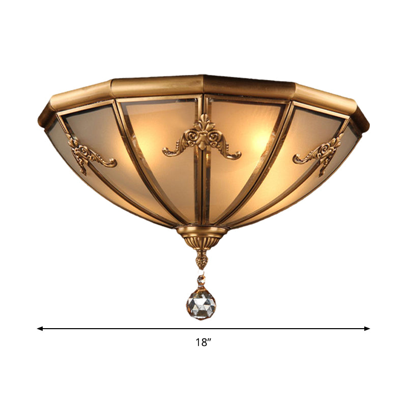 14"/18" Wide 4 Lights Living Room Flush Light Fixture Traditional Brass Flush Mount Lighting with Bowl Frosted Glass Shade Clearhalo 'Ceiling Lights' 'Close To Ceiling Lights' 'Close to ceiling' 'Flush mount' Lighting' 283374