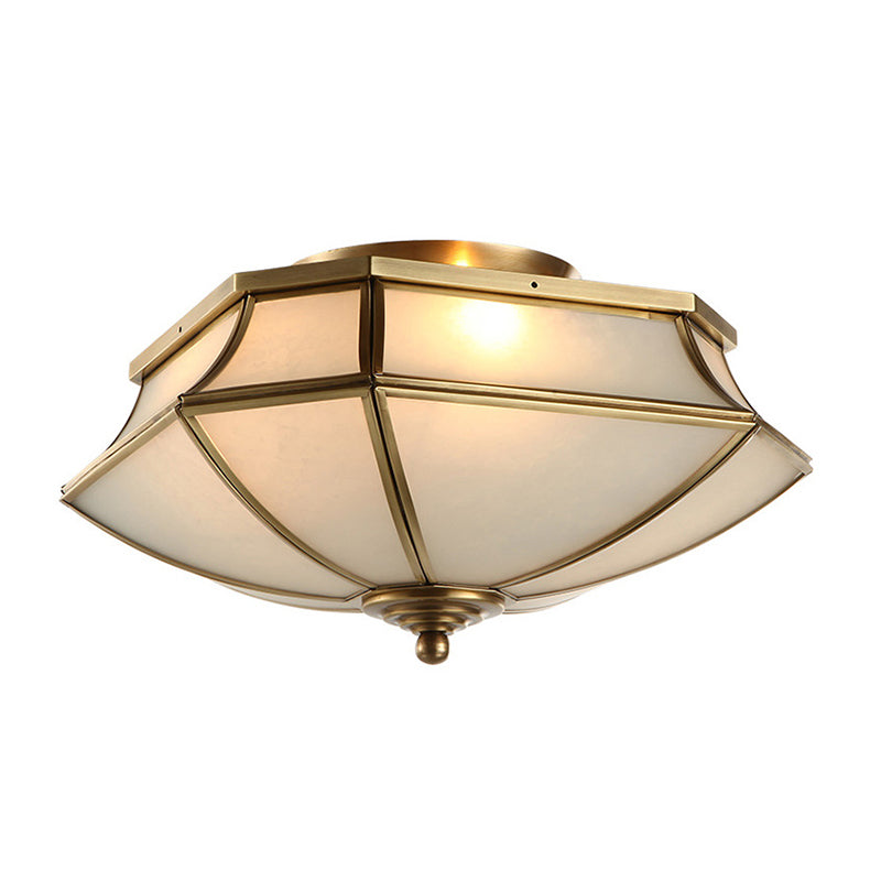 3 Lights Beveled Ceiling Lamp Classic Brass Finish Opal Glass Shade Flush Mount Light Clearhalo 'Ceiling Lights' 'Close To Ceiling Lights' 'Close to ceiling' 'Flush mount' Lighting' 283408
