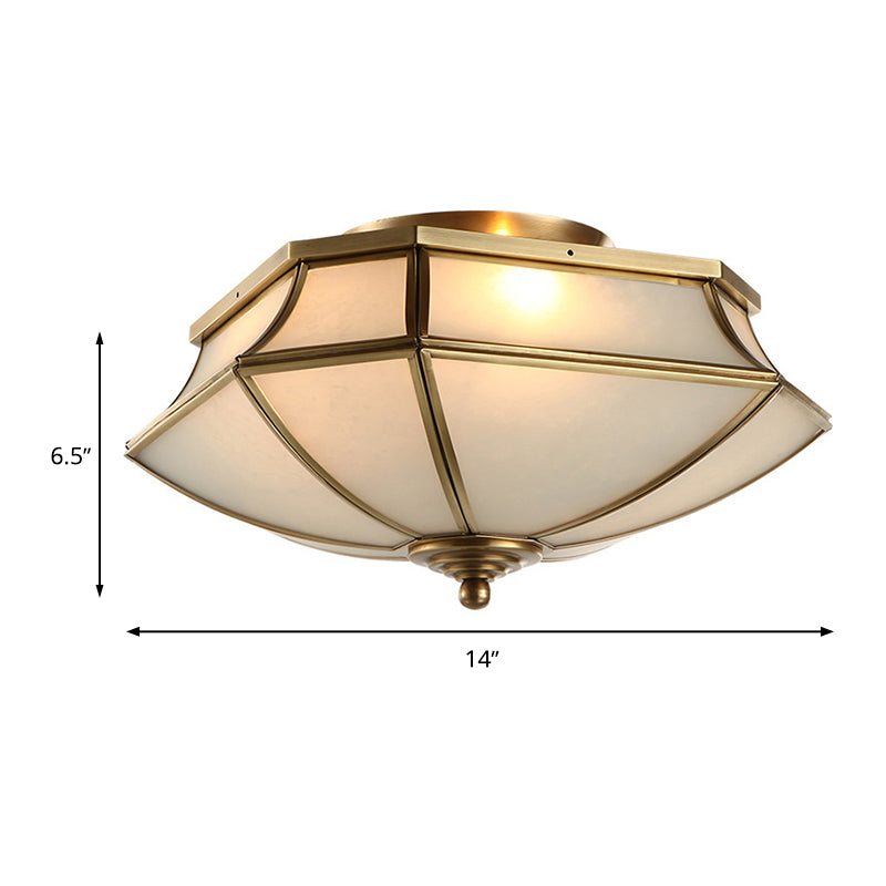 3 Lights Beveled Ceiling Lamp Classic Brass Finish Opal Glass Shade Flush Mount Light Clearhalo 'Ceiling Lights' 'Close To Ceiling Lights' 'Close to ceiling' 'Flush mount' Lighting' 283409