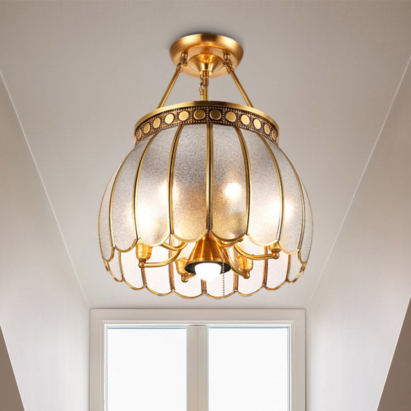 Retro Style Sphere Semi Flush Light 1 Bulb Frosted Glass Brass Finish Ceiling Lamp with Pull Chain Clearhalo 'Ceiling Lights' 'Close To Ceiling Lights' 'Close to ceiling' 'Glass shade' 'Glass' 'Semi-flushmount' Lighting' 283431