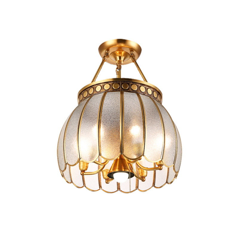 Retro Style Sphere Semi Flush Light 1 Bulb Frosted Glass Brass Finish Ceiling Lamp with Pull Chain Clearhalo 'Ceiling Lights' 'Close To Ceiling Lights' 'Close to ceiling' 'Glass shade' 'Glass' 'Semi-flushmount' Lighting' 283433