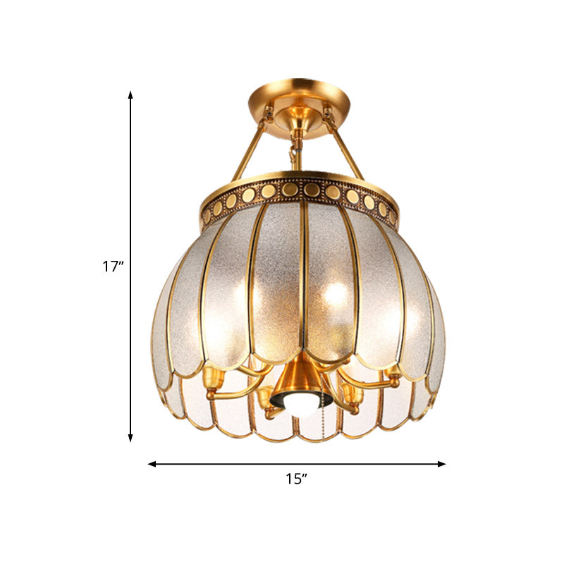 Retro Style Sphere Semi Flush Light 1 Bulb Frosted Glass Brass Finish Ceiling Lamp with Pull Chain Clearhalo 'Ceiling Lights' 'Close To Ceiling Lights' 'Close to ceiling' 'Glass shade' 'Glass' 'Semi-flushmount' Lighting' 283434