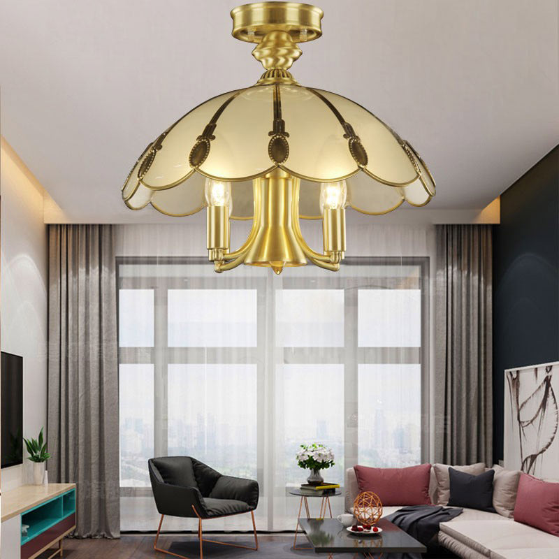 5 Bulbs Sheep/Oval Ceiling Light Fixture Vintage Brass Mouth Blown Opal Glass Semi Flush Mount Lighting for Bedroom Clearhalo 'Ceiling Lights' 'Close To Ceiling Lights' 'Close to ceiling' 'Glass shade' 'Glass' 'Semi-flushmount' Lighting' 283442