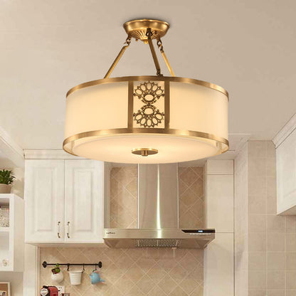 16"/19.5" W Brass 3/4 Heads Semi Flush Light Retro Sandblasted Glass Drum Ceiling Fixture for Living Room Brass Clearhalo 'Ceiling Lights' 'Close To Ceiling Lights' 'Close to ceiling' 'Glass shade' 'Glass' 'Semi-flushmount' Lighting' 283452