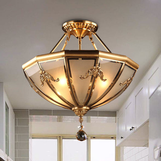Brass 4 Lights Semi Flush Mount Chandelier Traditional Curved Frosted Glass Dome Ceiling Mounted Light for Living Room Clearhalo 'Ceiling Lights' 'Chandeliers' 'Close To Ceiling Lights' 'Close to ceiling' 'Glass shade' 'Glass' 'Semi-flushmount' Lighting' 283480