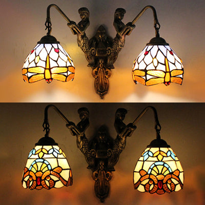 2 Heads Dome Sconce Lighting Tiffany Brass Multicolor Stained Glass Wall Mount Light with Victorian/Dragonfly Pattern Clearhalo 'Industrial' 'Middle century wall lights' 'Tiffany wall lights' 'Tiffany' 'Wall Lamps & Sconces' 'Wall Lights' Lighting' 28349