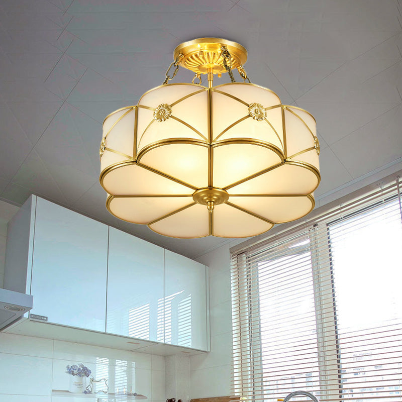 Ivory Glass Scallop Ceiling Lighting Vintage 4 Heads Bedroom Semi Flush Mount Light Fixture in Brass Brass Clearhalo 'Ceiling Lights' 'Chandeliers' 'Close To Ceiling Lights' 'Close to ceiling' 'Glass shade' 'Glass' 'Semi-flushmount' Lighting' 283502