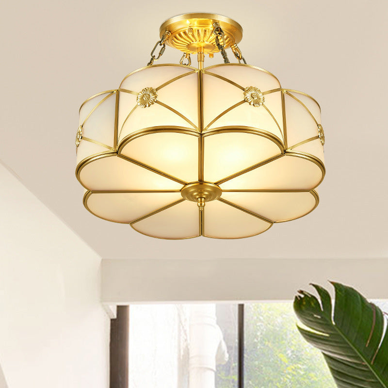 Ivory Glass Scallop Ceiling Lighting Vintage 4 Heads Bedroom Semi Flush Mount Light Fixture in Brass Clearhalo 'Ceiling Lights' 'Chandeliers' 'Close To Ceiling Lights' 'Close to ceiling' 'Glass shade' 'Glass' 'Semi-flushmount' Lighting' 283503