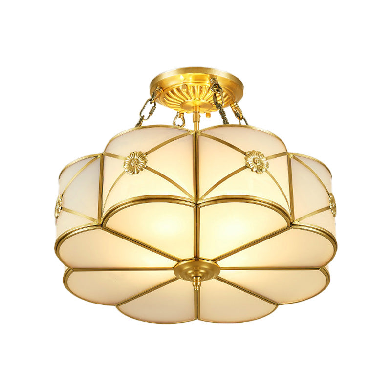 Ivory Glass Scallop Ceiling Lighting Vintage 4 Heads Bedroom Semi Flush Mount Light Fixture in Brass Clearhalo 'Ceiling Lights' 'Chandeliers' 'Close To Ceiling Lights' 'Close to ceiling' 'Glass shade' 'Glass' 'Semi-flushmount' Lighting' 283505