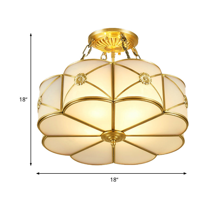 Ivory Glass Scallop Ceiling Lighting Vintage 4 Heads Bedroom Semi Flush Mount Light Fixture in Brass Clearhalo 'Ceiling Lights' 'Chandeliers' 'Close To Ceiling Lights' 'Close to ceiling' 'Glass shade' 'Glass' 'Semi-flushmount' Lighting' 283506