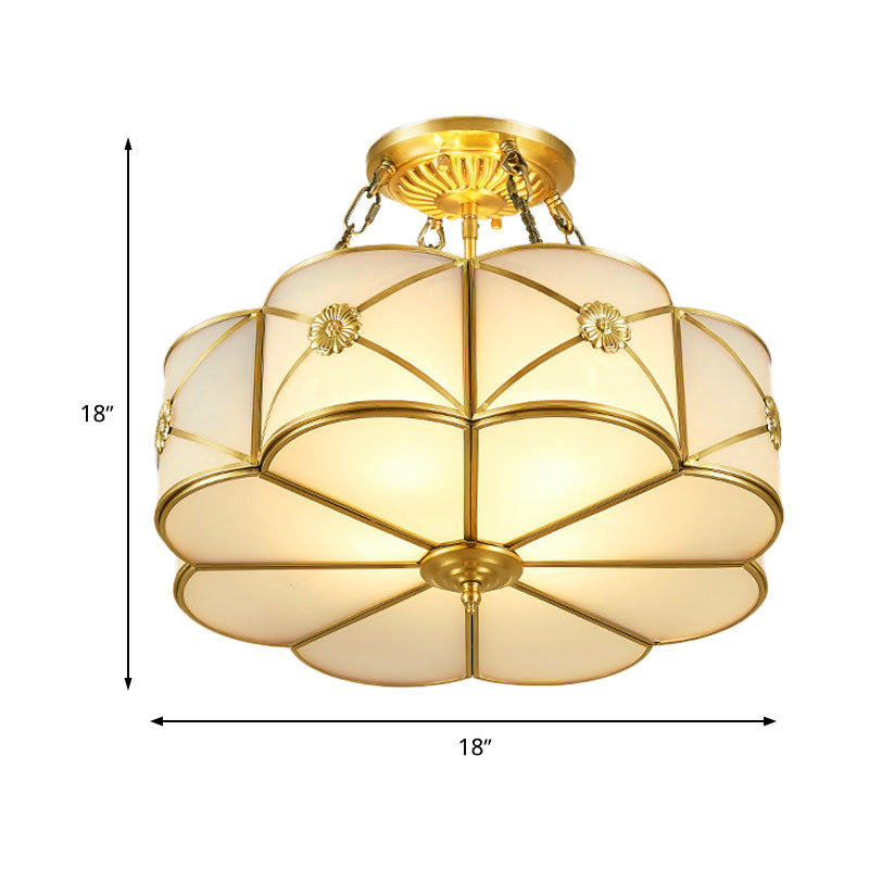 Ivory Glass Scallop Ceiling Lighting Vintage 4 Heads Bedroom Semi Flush Mount Light Fixture in Brass Clearhalo 'Ceiling Lights' 'Chandeliers' 'Close To Ceiling Lights' 'Close to ceiling' 'Glass shade' 'Glass' 'Semi-flushmount' Lighting' 283506