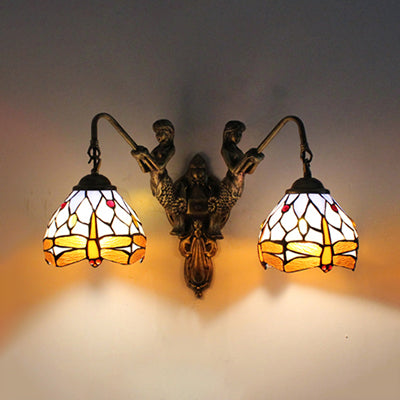 2 Heads Dome Sconce Lighting Tiffany Brass Multicolor Stained Glass Wall Mount Light with Victorian/Dragonfly Pattern Brass Dragonfly Clearhalo 'Industrial' 'Middle century wall lights' 'Tiffany wall lights' 'Tiffany' 'Wall Lamps & Sconces' 'Wall Lights' Lighting' 28350