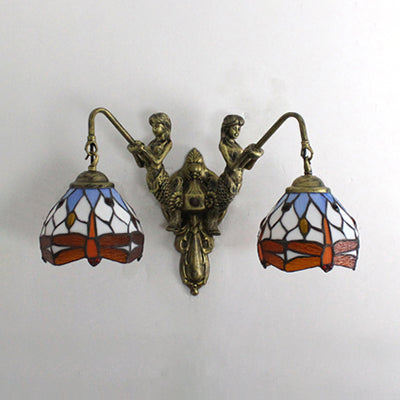 2 Heads Dome Sconce Lighting Tiffany Brass Multicolor Stained Glass Wall Mount Light with Victorian/Dragonfly Pattern Clearhalo 'Industrial' 'Middle century wall lights' 'Tiffany wall lights' 'Tiffany' 'Wall Lamps & Sconces' 'Wall Lights' Lighting' 28351