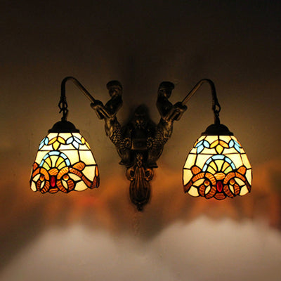 2 Heads Dome Sconce Lighting Tiffany Brass Multicolor Stained Glass Wall Mount Light with Victorian/Dragonfly Pattern Brass Victorian Clearhalo 'Industrial' 'Middle century wall lights' 'Tiffany wall lights' 'Tiffany' 'Wall Lamps & Sconces' 'Wall Lights' Lighting' 28352