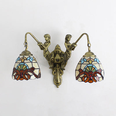 2 Heads Dome Sconce Lighting Tiffany Brass Multicolor Stained Glass Wall Mount Light with Victorian/Dragonfly Pattern Clearhalo 'Industrial' 'Middle century wall lights' 'Tiffany wall lights' 'Tiffany' 'Wall Lamps & Sconces' 'Wall Lights' Lighting' 28353