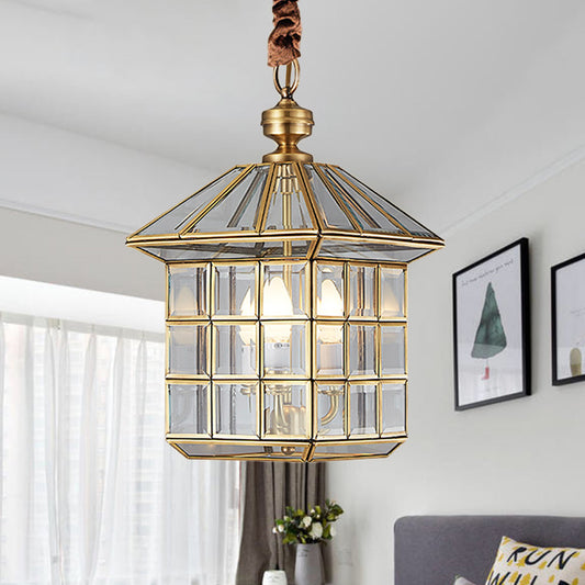 10"/12" W Lantern Clear Glass Chandelier Light Colonial 3 Bulbs Yard Pendant Lamp Clearhalo 'Ceiling Lights' 'Chandeliers' 'Glass shade' 'Glass' Lighting' 283548