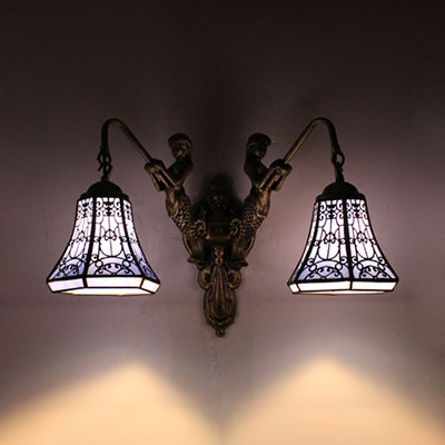 2 Heads Wall Light Fixture Baroque Dome/Flared Shape White/Blue/Purple Glass Sconce Light with Mermaid Decoration Lake Blue Clearhalo 'Industrial' 'Middle century wall lights' 'Tiffany wall lights' 'Tiffany' 'Wall Lamps & Sconces' 'Wall Lights' Lighting' 28355