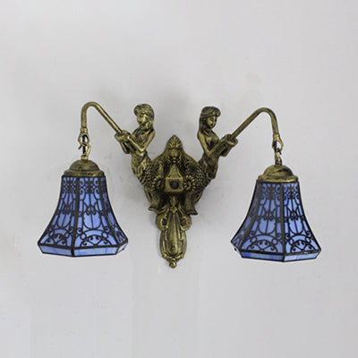 2 Heads Wall Light Fixture Baroque Dome/Flared Shape White/Blue/Purple Glass Sconce Light with Mermaid Decoration Clearhalo 'Industrial' 'Middle century wall lights' 'Tiffany wall lights' 'Tiffany' 'Wall Lamps & Sconces' 'Wall Lights' Lighting' 28356
