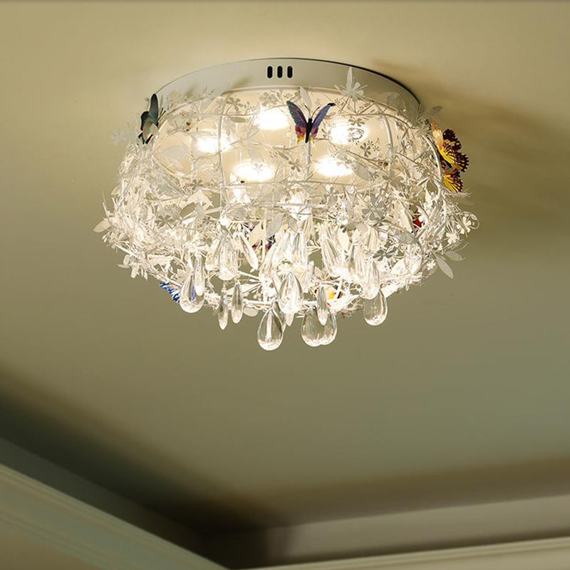 18"/23.5" Wide Cascade Ceiling Mounted Light Contemporary Teardrop Crystal 5 Heads Nickel Flush Light Clearhalo 'Ceiling Lights' 'Close To Ceiling Lights' 'Close to ceiling' 'Flush mount' Lighting' 283561