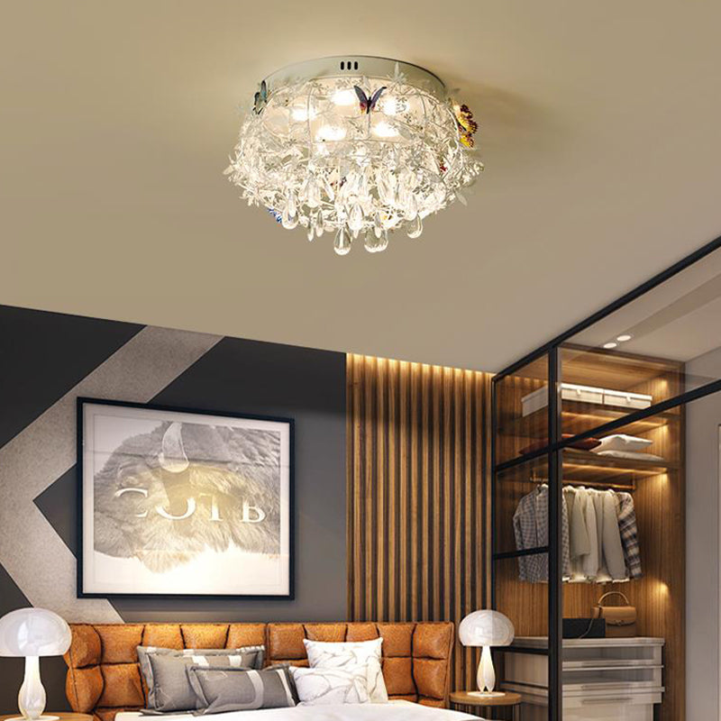 18"/23.5" Wide Cascade Ceiling Mounted Light Contemporary Teardrop Crystal 5 Heads Nickel Flush Light Clearhalo 'Ceiling Lights' 'Close To Ceiling Lights' 'Close to ceiling' 'Flush mount' Lighting' 283562